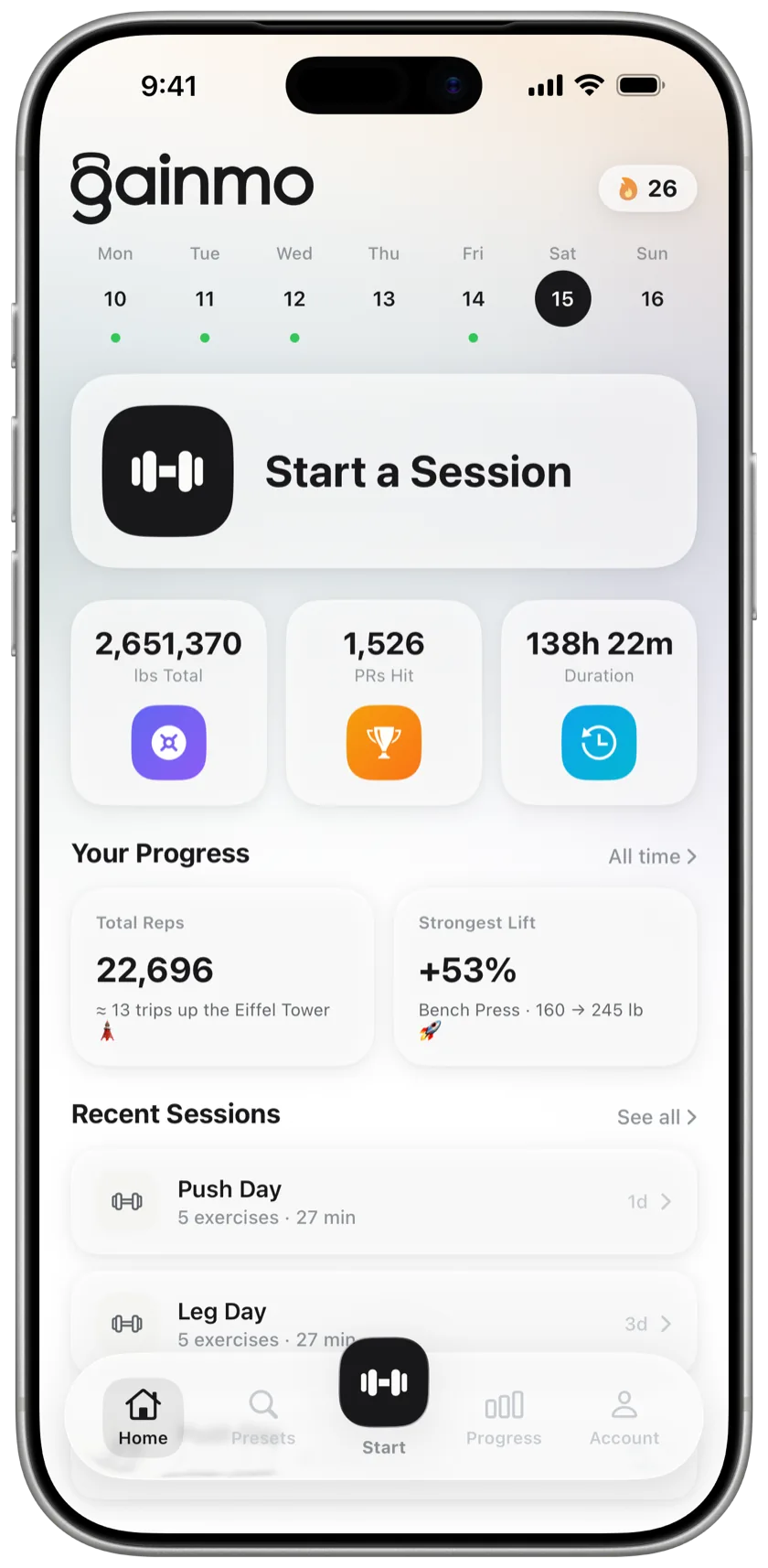 Gainmo home screen with lifetime totals, week streak, and recent sessions