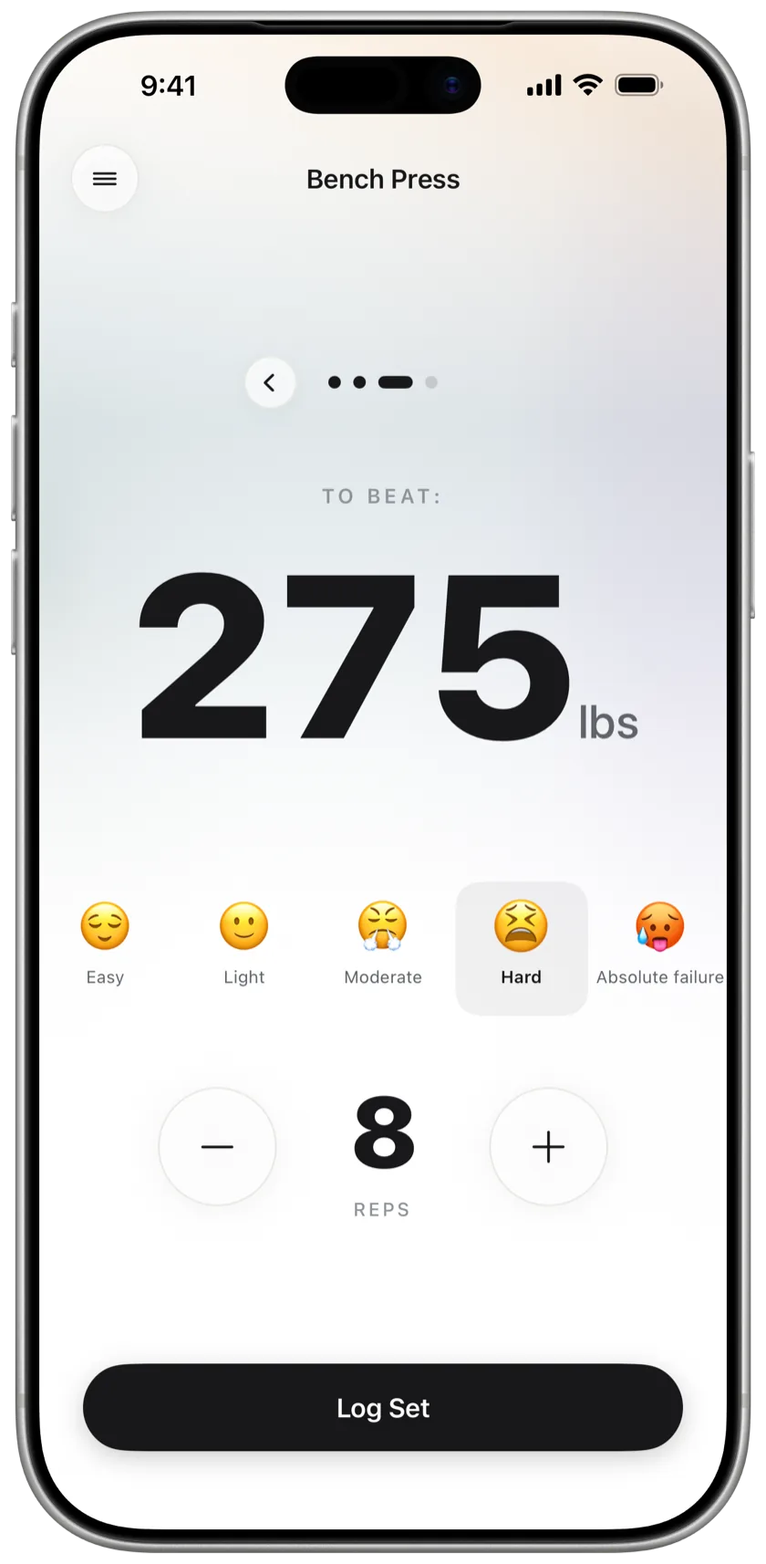 Gainmo live session screen showing the weight to beat, an RPE picker, and a Log Set button
